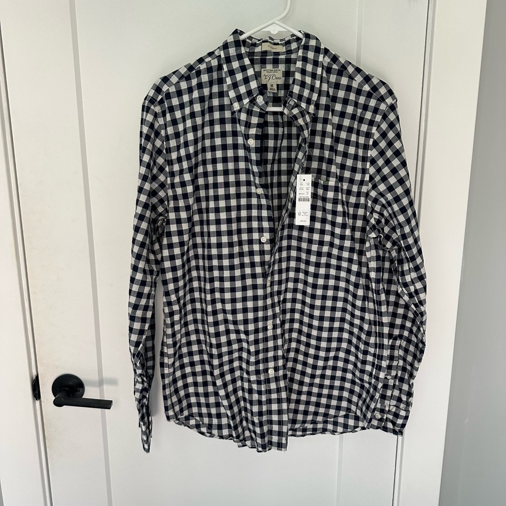 J. Crew Navy and White Gingham Classic Fit Medium Shirt